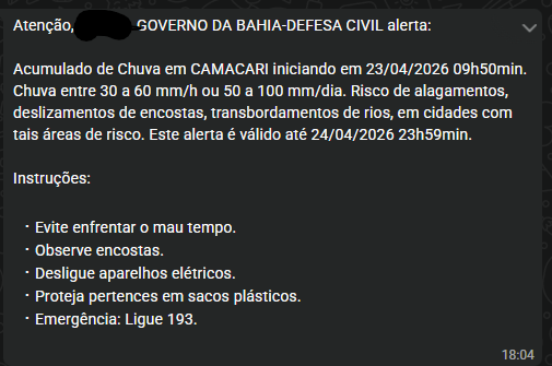 Alerta de chuva em Camaçari emitido pela Defesa Civil com risco de alagamentos e deslizamentos