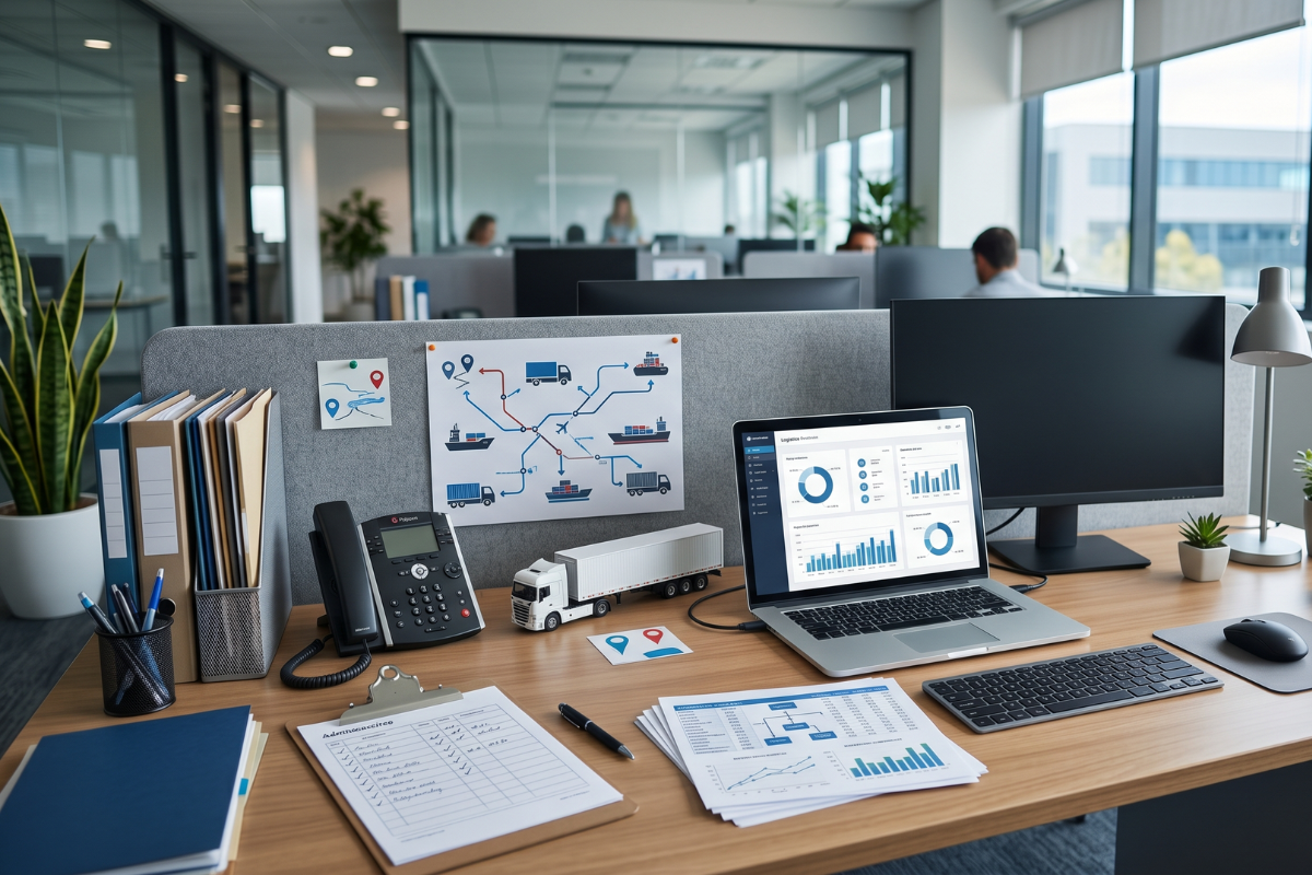 Mesa de escritório com notebook, documentos e itens de logística em ambiente corporativo, ilustrando vaga para Assistente Administrativo em Camaçari