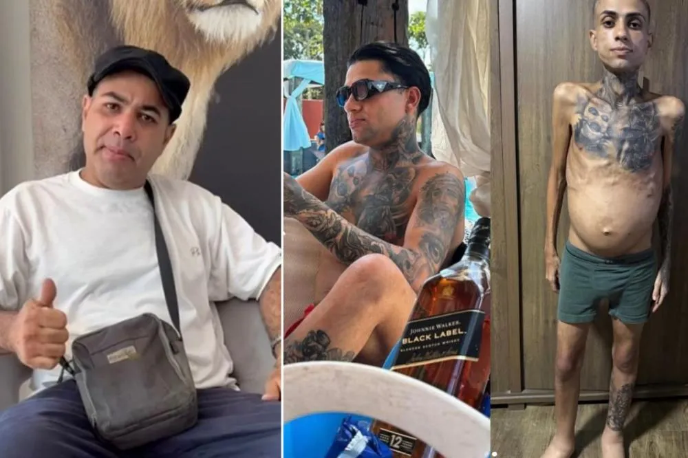 Montagem mostra Jota Surfista em diferentes momentos, incluindo imagem recente durante tratamento de saúde