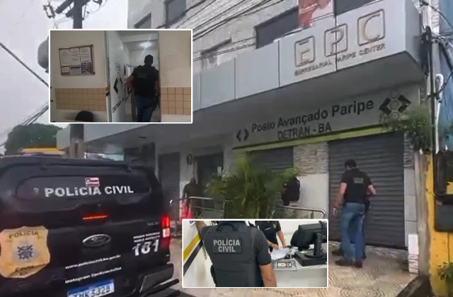 Agentes da Polícia Civil durante a Operação Sinal Vermelho em unidade do Detran-BA no bairro de Paripe em Salvador