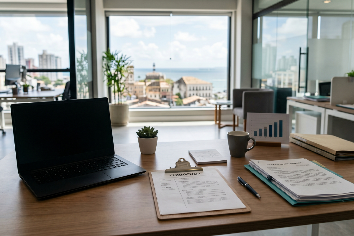 Mesa de escritório com notebook, currículo e documentos em ambiente corporativo em Salvador