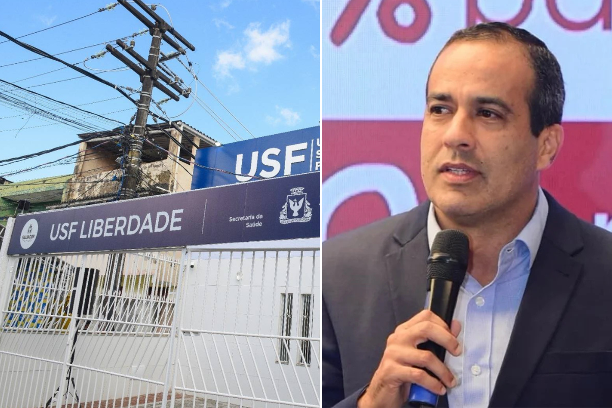 Unidade de Saúde da Família Liberdade e prefeito Bruno Reis em imagem sobre atenção básica insuficiente em Salvador