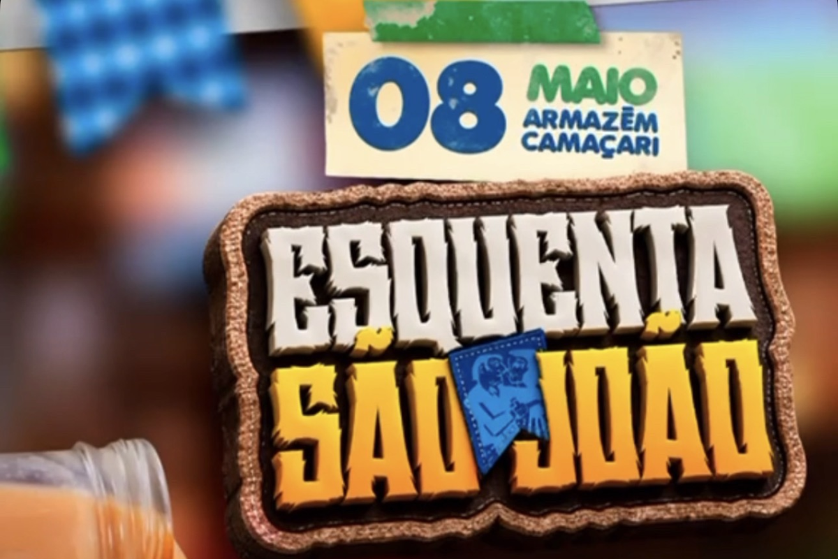 Arte de divulgação do Esquenta São João no Armazém Camaçari com data de 8 de maio.