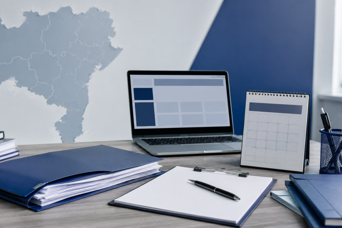 Imagem ilustrativa sobre processo seletivo REDA da SJDH Bahia, com mesa de escritório, documentos, notebook, calendário e mapa estilizado da Bahia ao fundo.