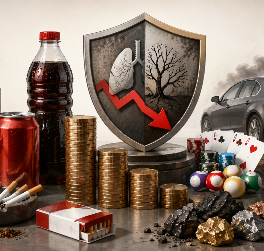 Imagem ilustrativa sobre imposto do pecado, com bebidas, cigarros, apostas, mineração, carro com emissão de fumaça e símbolo de impacto à saúde e ao meio ambiente.