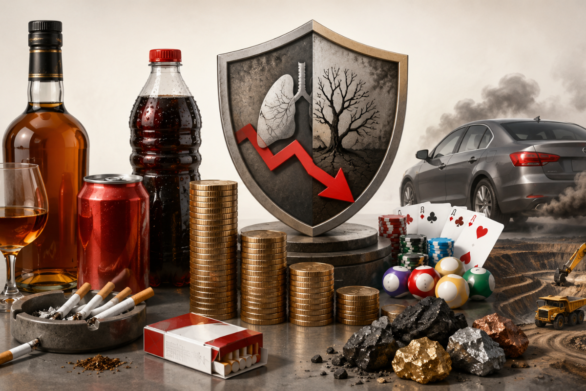 Imagem ilustrativa sobre imposto do pecado, com bebidas, cigarros, apostas, mineração, carro com emissão de fumaça e símbolo de impacto à saúde e ao meio ambiente.