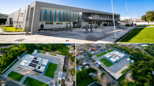 Nova Policlínica de Camaçari, na Avenida Concêntrica, durante os preparativos para a inauguração, com imagens da fachada e vista aérea da unidade de saúde do SUS.