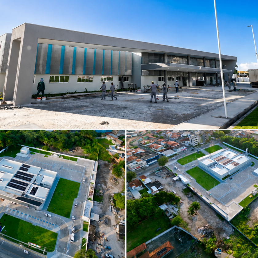 Nova Policlínica de Camaçari, na Avenida Concêntrica, durante os preparativos para a inauguração, com imagens da fachada e vista aérea da unidade de saúde do SUS.