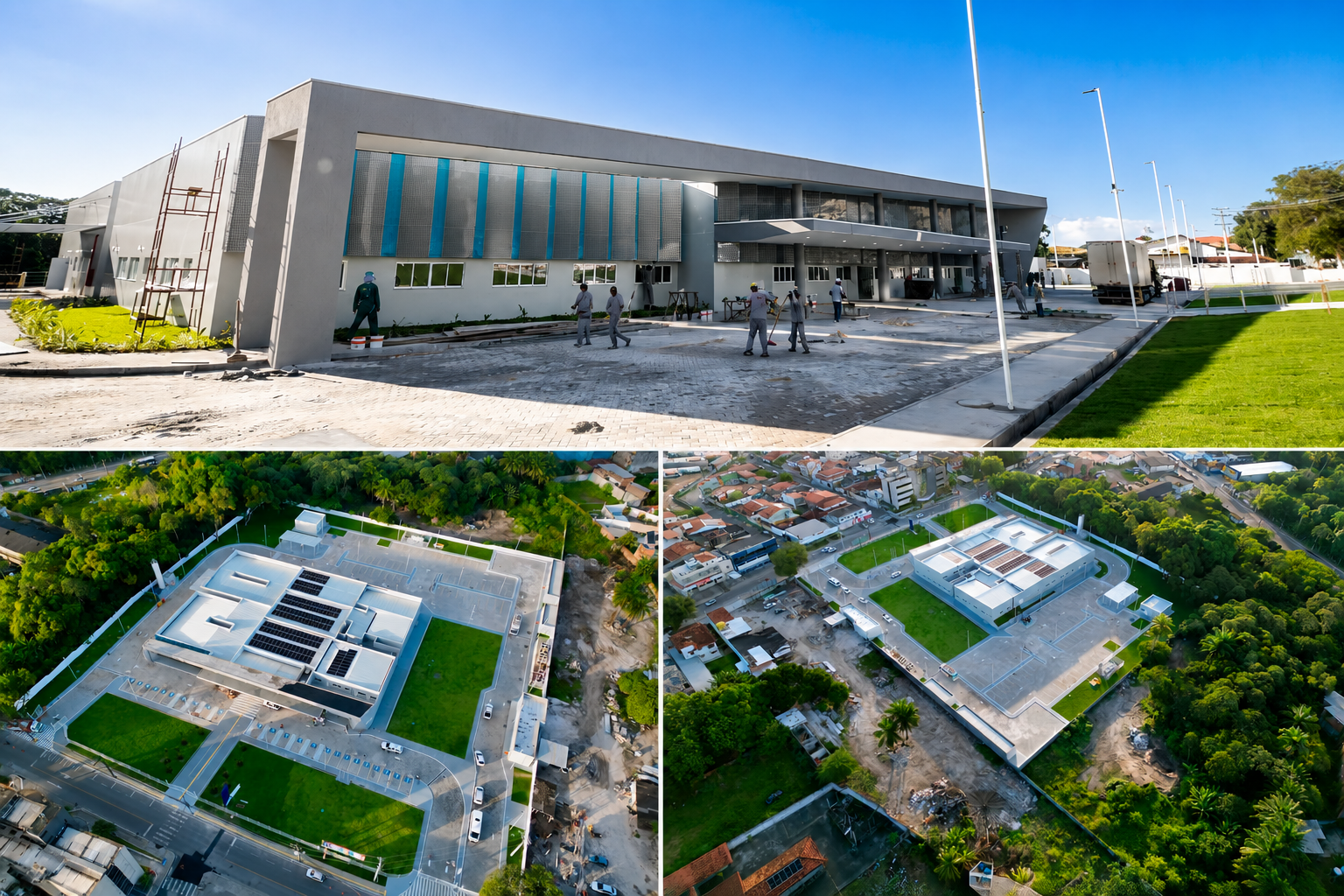 Nova Policlínica de Camaçari, na Avenida Concêntrica, durante os preparativos para a inauguração, com imagens da fachada e vista aérea da unidade de saúde do SUS.